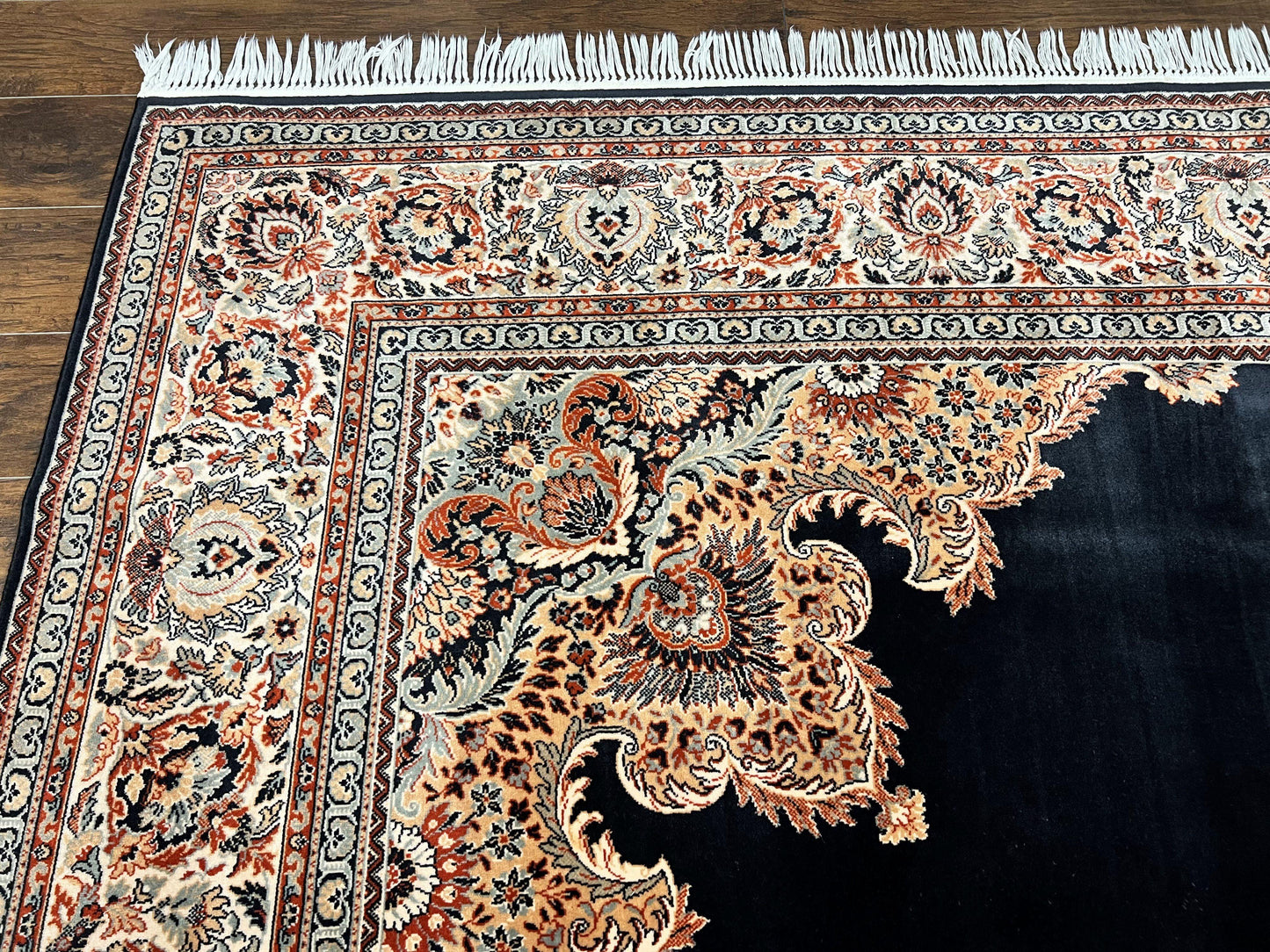 Karastan Rug 10x13, Karastan Ebony Kirman Rug, Room SIzed Wool Pile Vintage Karastan Carpet, Belgium Power Loomed Rug, Black Semi Open Field - Nuvé