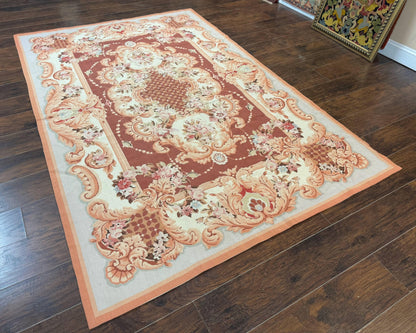 Vintage Needlepoint Rug 6x9, Aubusson Rug, Flatweave Wool Elegant Carpet, Medium Size, French European Design - Nuvé