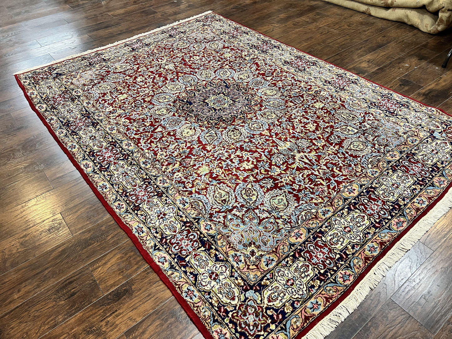Persian Rug 7x10, Kirman Oriental Carpet 7 x 10 ft, Hand Knotted Wool Floral Medallion Semi Antique Persian Rug, Dark Red Light Blue Vintage - Nuvé