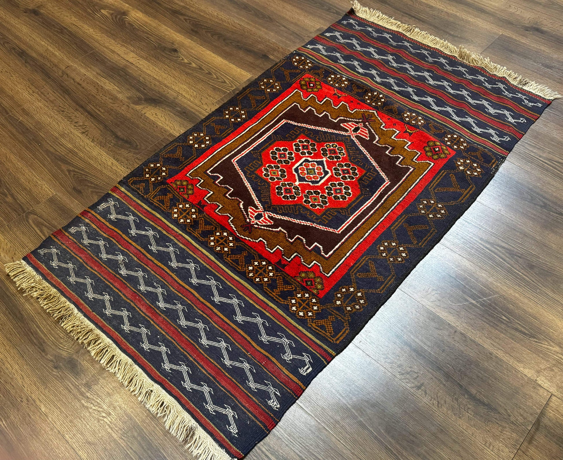 Afghan Rug 3x5, Tribal, Navy Blue, Wool, Handmade, Geometric, Rustic - Nuvé