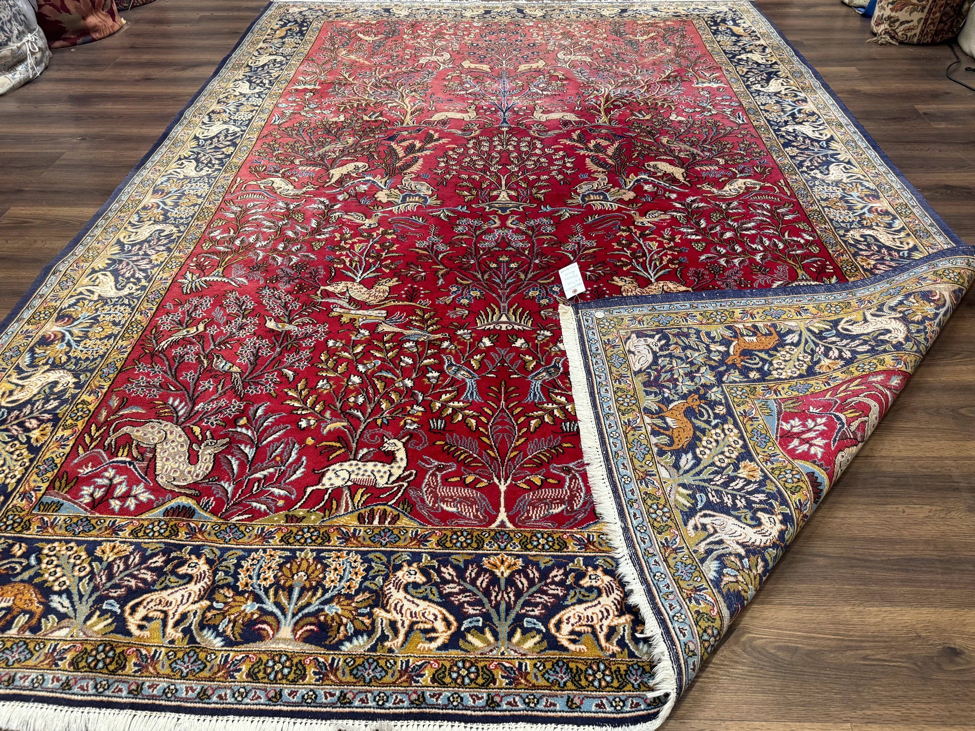 Persian Qum Rug 9x12, Animal Pictorials, Deer Birds, Tree of Life, Red and Navy Blue - Nuvé