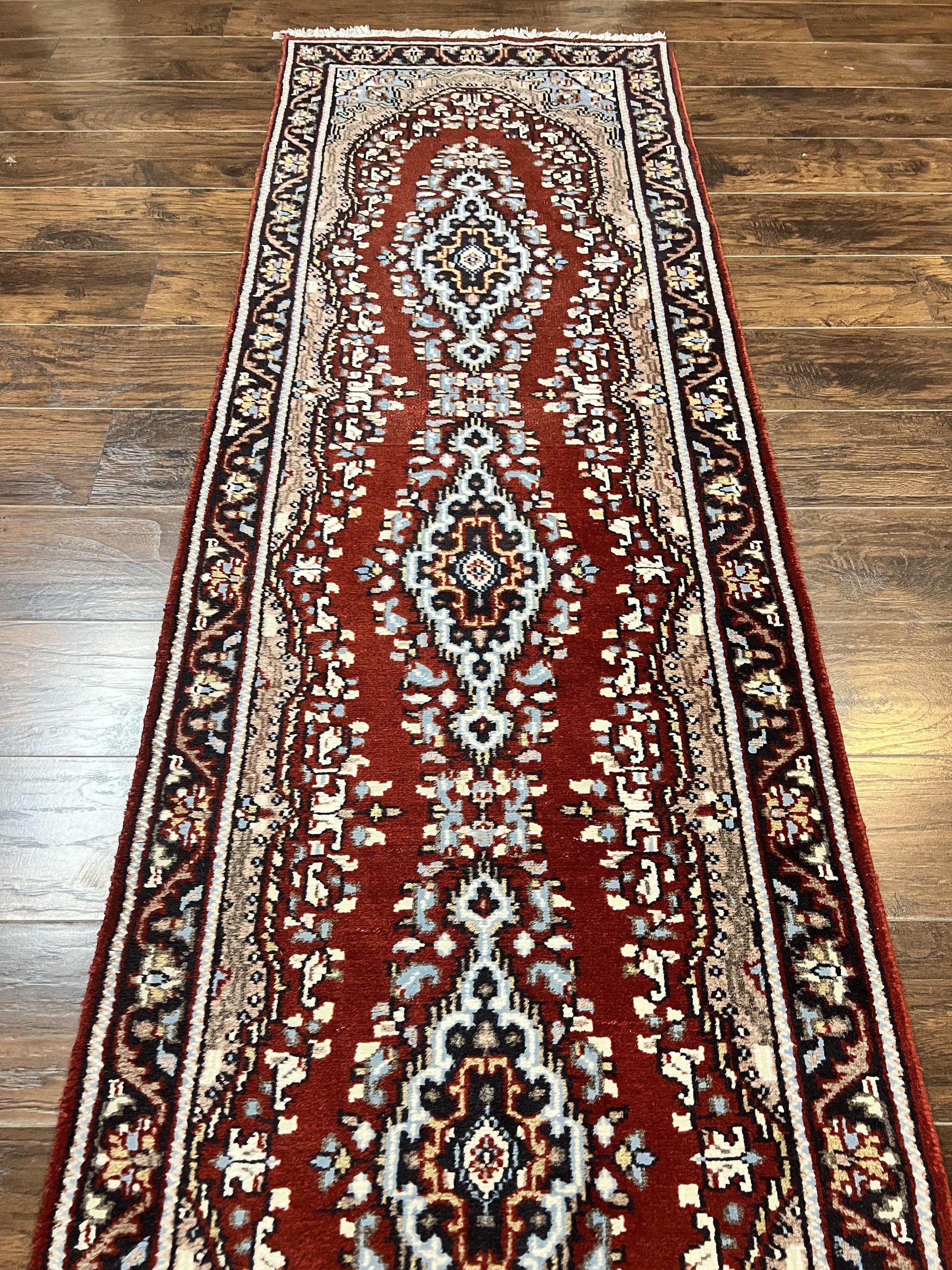 Indo Persian Runner Rug 2.8 x 14.8, Long Indo Kirman Hallway Rug, Red Floral Wool Vintage Handmade Oriental Runner - Nuvé