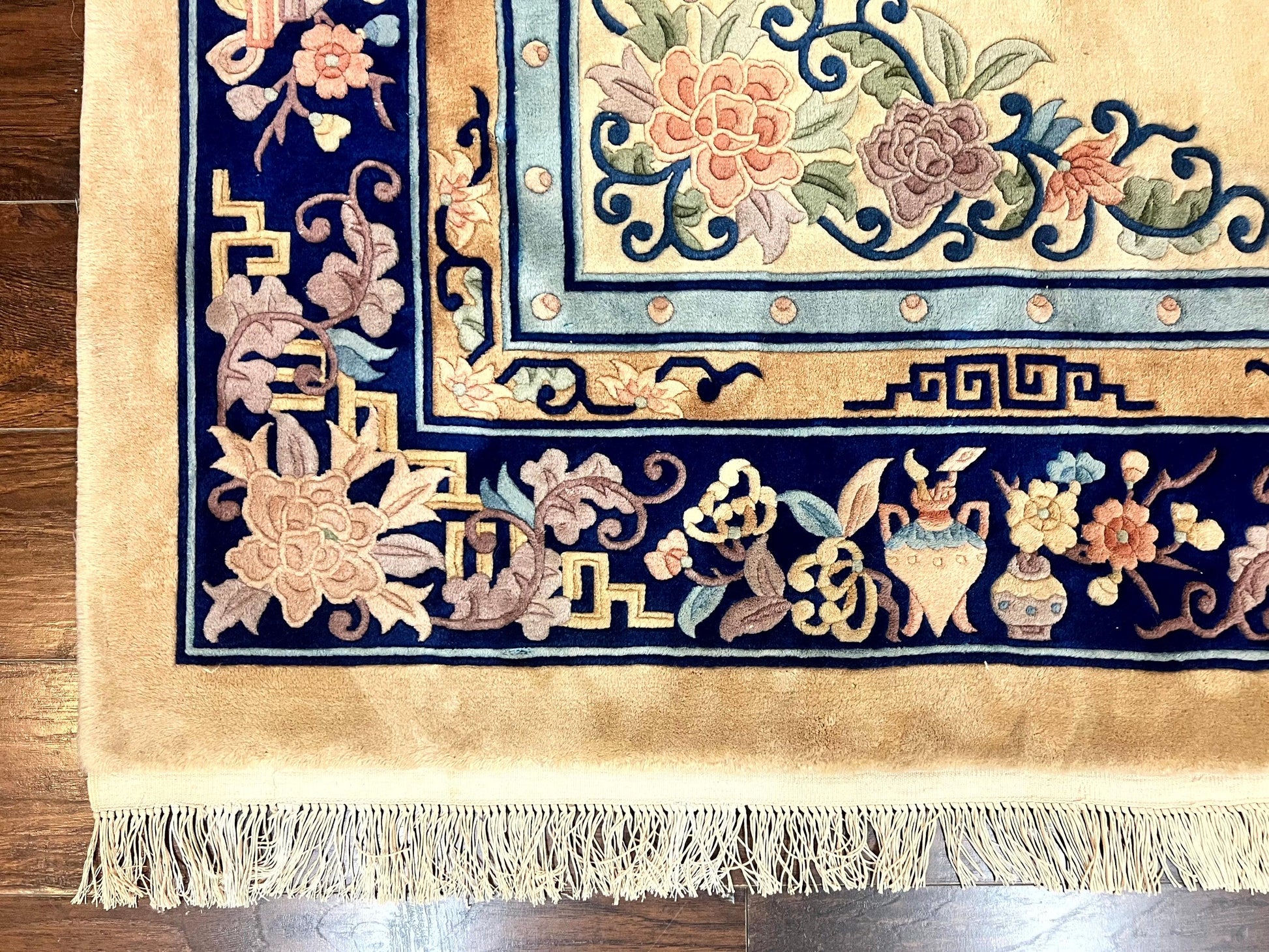Chinese Wool Rug 8x11, Peking Asian Oriental Carpet, Cream/Ivory and Blue, Vintage Handmade Rug, Art Deco Rug - Nuvé