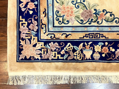 Chinese Wool Rug 8x11, Peking Asian Oriental Carpet, Cream/Ivory and Blue, Vintage Handmade Rug, Art Deco Rug - Nuvé