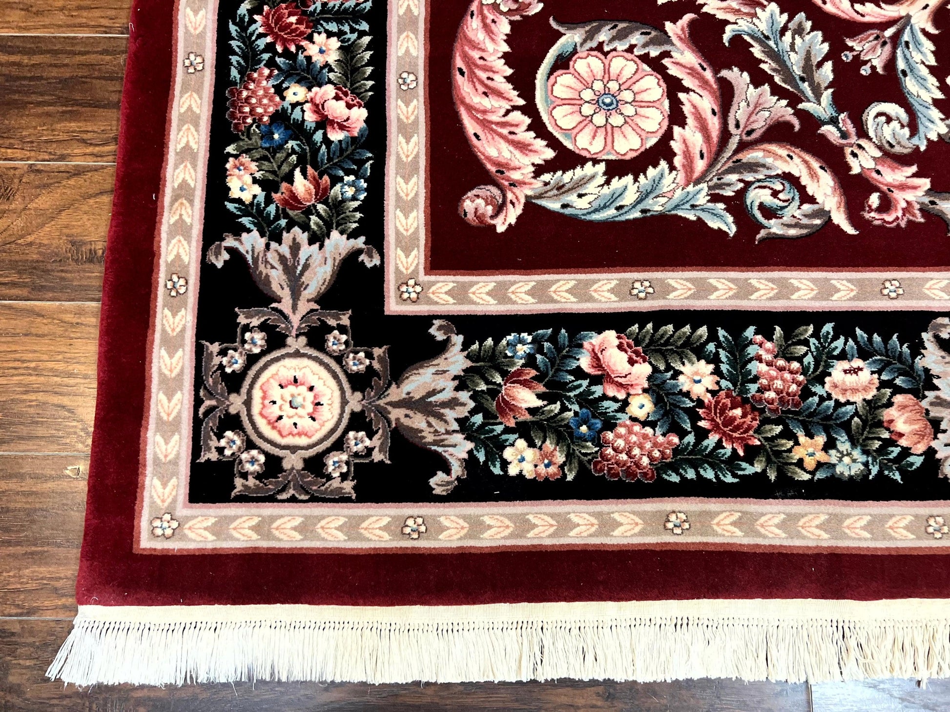 Chinese Aubusson Rug 9x12, Burgundy, Handmade Vintage Wool Carpet, Fine 210 KPSI, Elegant European Design - Nuvé