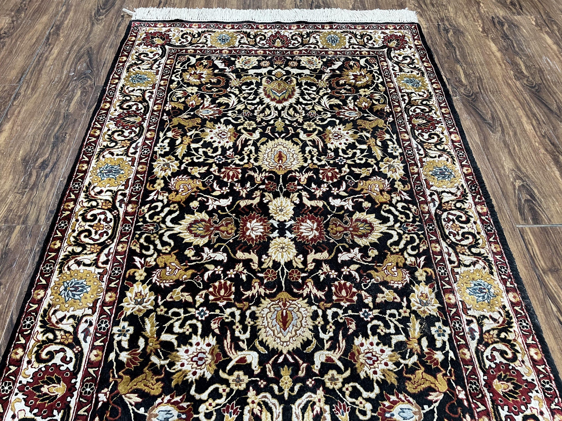 Sino Persian Silk Rug 3x5 Oriental Carpet 3 x 5 Fine Silk Rug, Black Ivory Gold, Animal Motifs, Flowers, High Quality, Vintage Silk Rug Wow - Nuvé