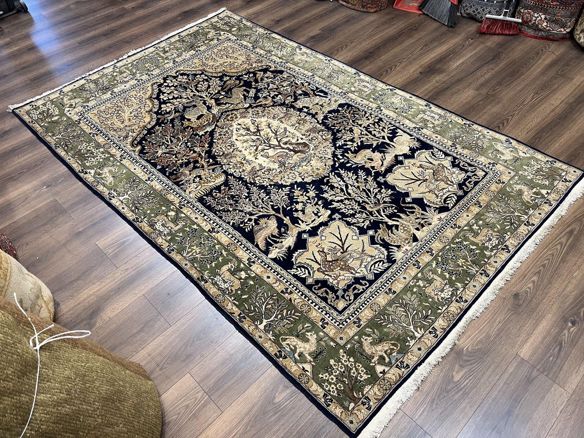 Wonderful Persian Qum Rug 6x9, Animal Pictorials, Tree of Life, Deer Birds, Hand Knotted Oriental Ghom Carpet, Semi Antique Vintage, Navy Blue Green - Nuvé