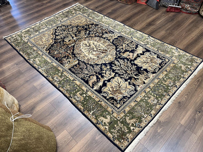 Wonderful Persian Qum Rug 6x9, Animal Pictorials, Tree of Life, Deer Birds, Hand Knotted Oriental Ghom Carpet, Semi Antique Vintage, Navy Blue Green - Nuvé