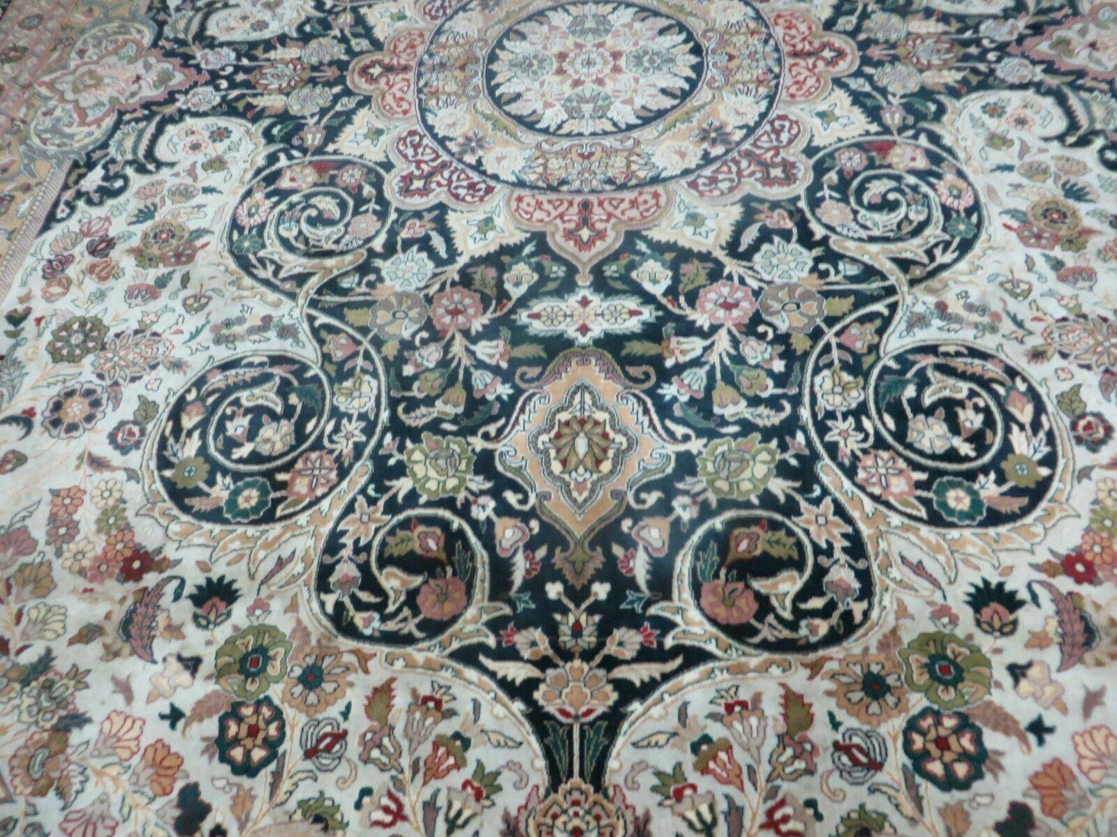 Beautiful Sino Persian Rug 9x12, Elegant High Quality Handmade Wool Oriental Carpet, Medallion with Corner Design, Floral, Black and Ivory - Nuvé