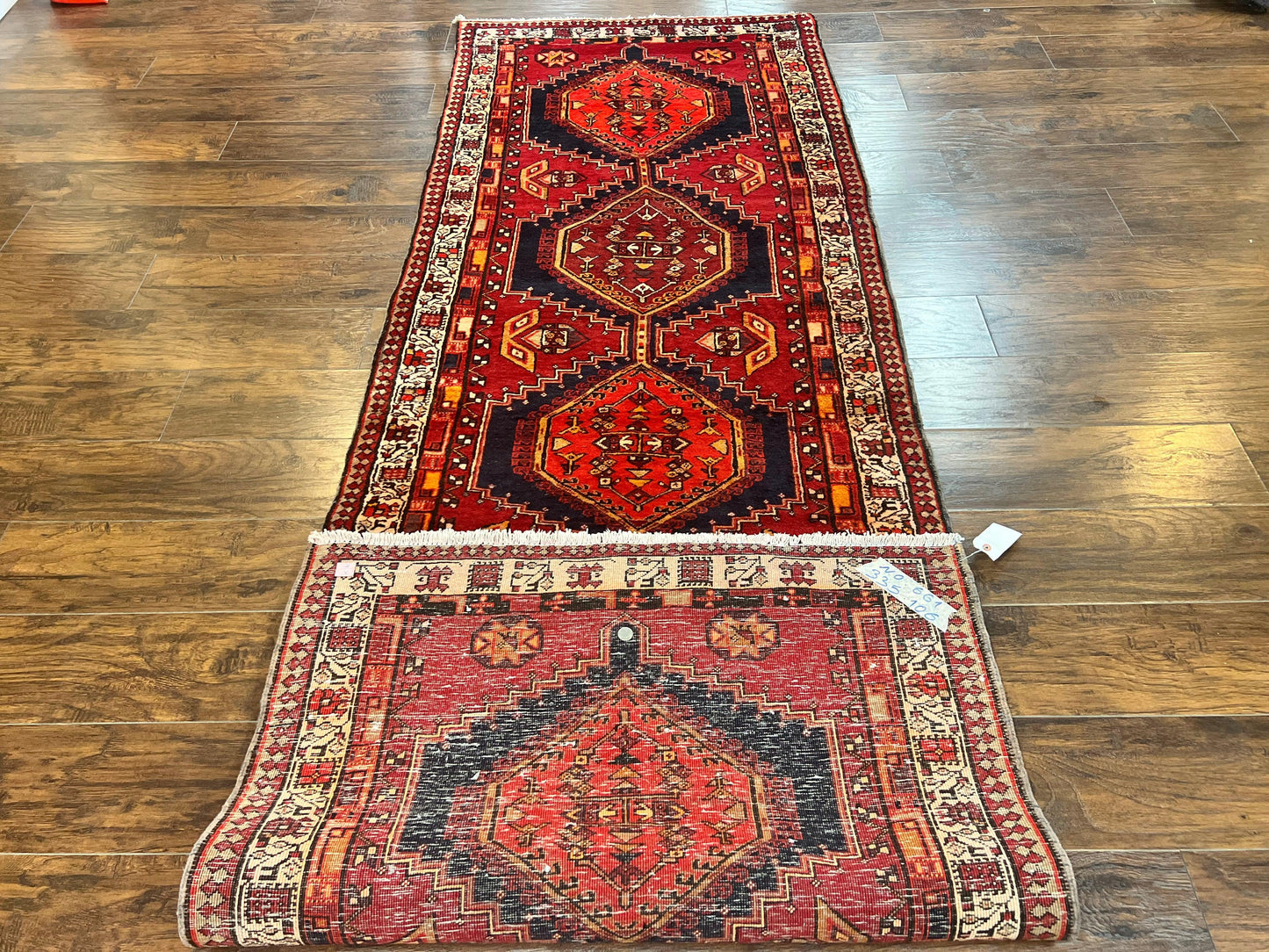 Persian Heriz Runner Rug 3.7 x 11, Persian Tribal Runner, Handmade Wool, Medallions, Geometric, Red, Antique Vintage Hand Knotted Rug - Nuvé