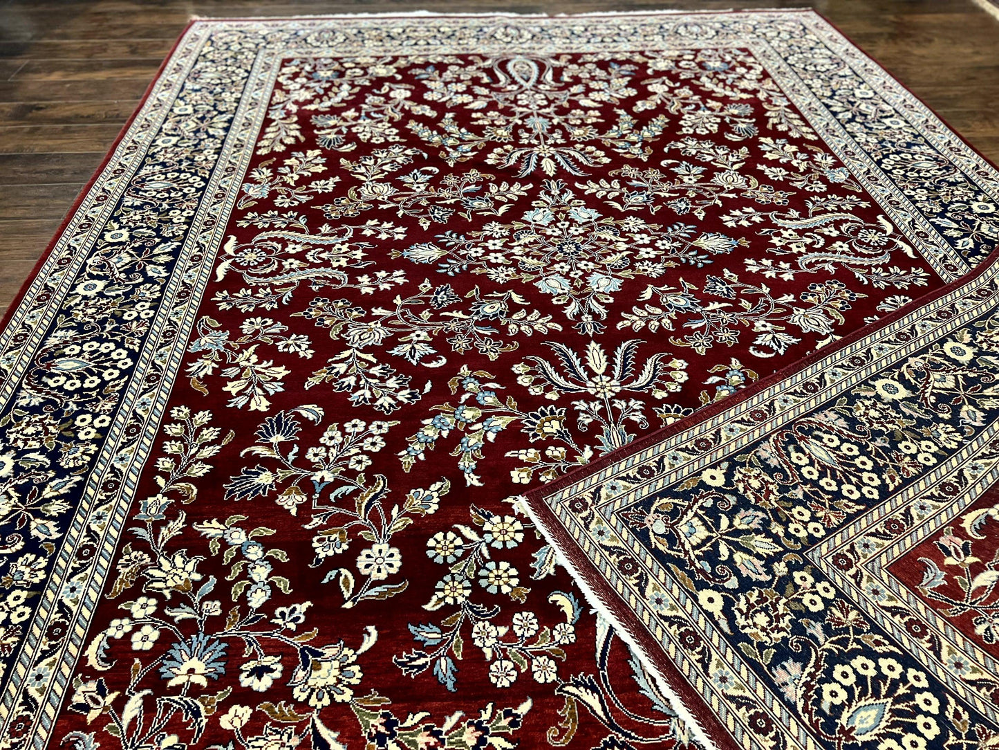 Indo Persian Sarouk Rug 9x12, Floral Allover, Dark Red & Navy Blue, Handmade Vintage Wool Carpet - Nuvé