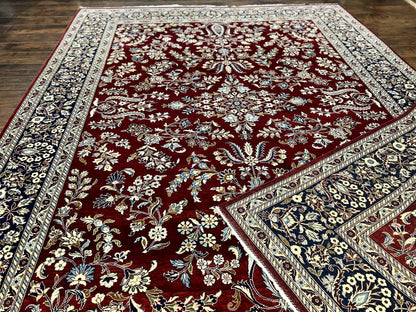 Indo Persian Sarouk Rug 9x12, Floral Allover, Dark Red & Navy Blue, Handmade Vintage Wool Carpet - Nuvé