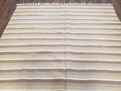 New Indian Striped Blanket, Multicolor Earthern Tones Kilim Rug, Wool Handmade South American Style Blanket, Queen Sized Bedspread 5x8 - 6x8 - Nuvé