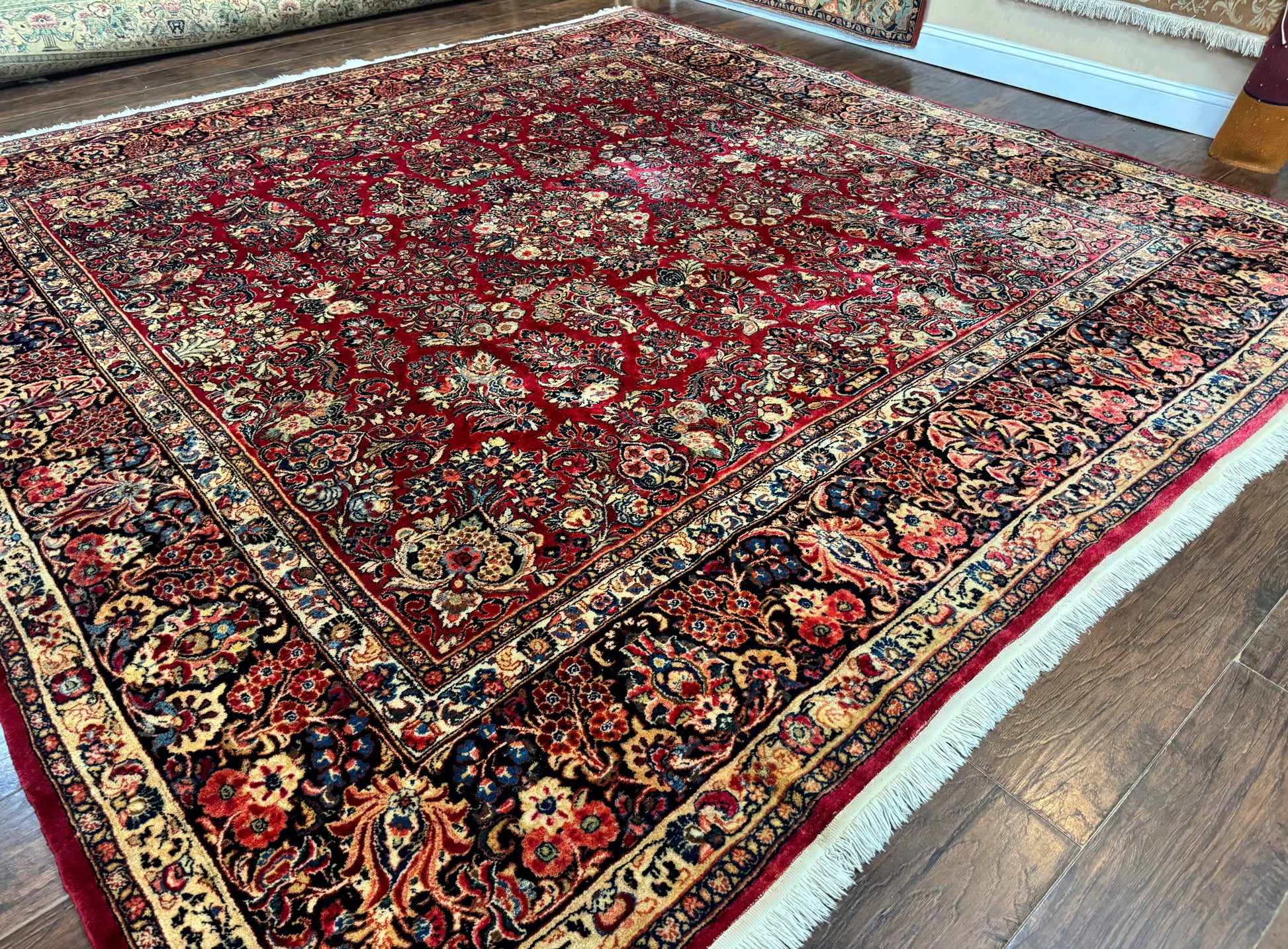 Persian Sarouk Rug 10x10, Square Persian Carpet, Red, Floral, Antique - Nuvé