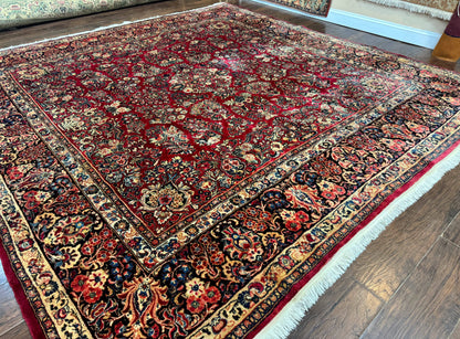 Persian Sarouk Rug 10x10, Square Persian Carpet, Red, Floral, Antique - Nuvé