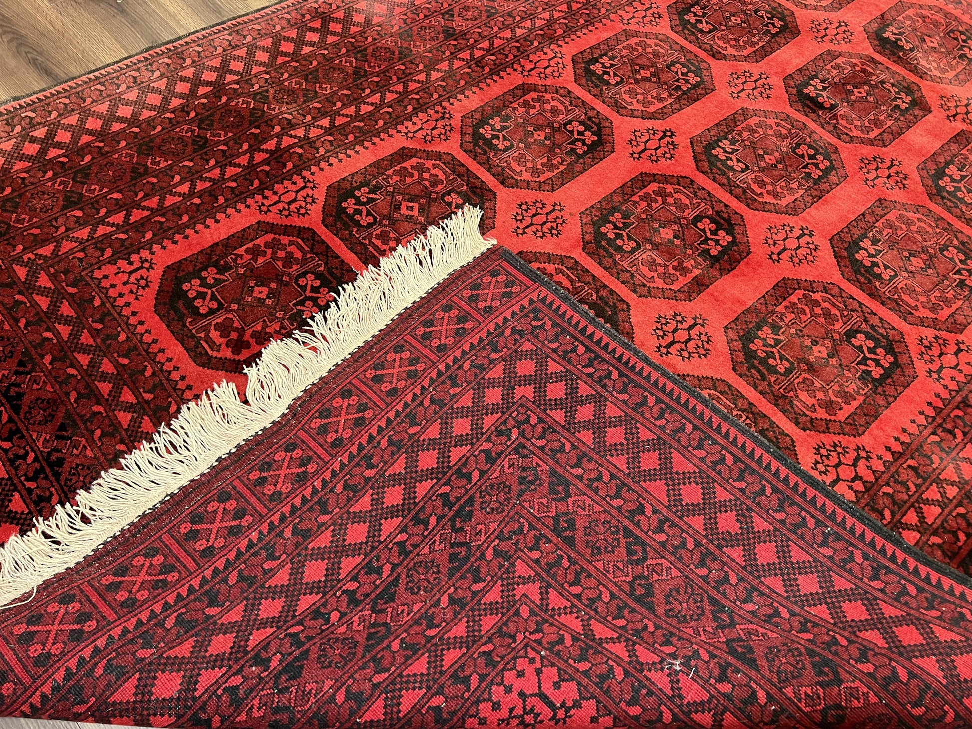 Afghan Turkoman Rug 7x10, Vintage Yamud Beshir Bokhara Carpet, Red and Black Bukhara Hand-Knotted Oriental Wool Handmade Rug, Elephant Foot - Nuvé