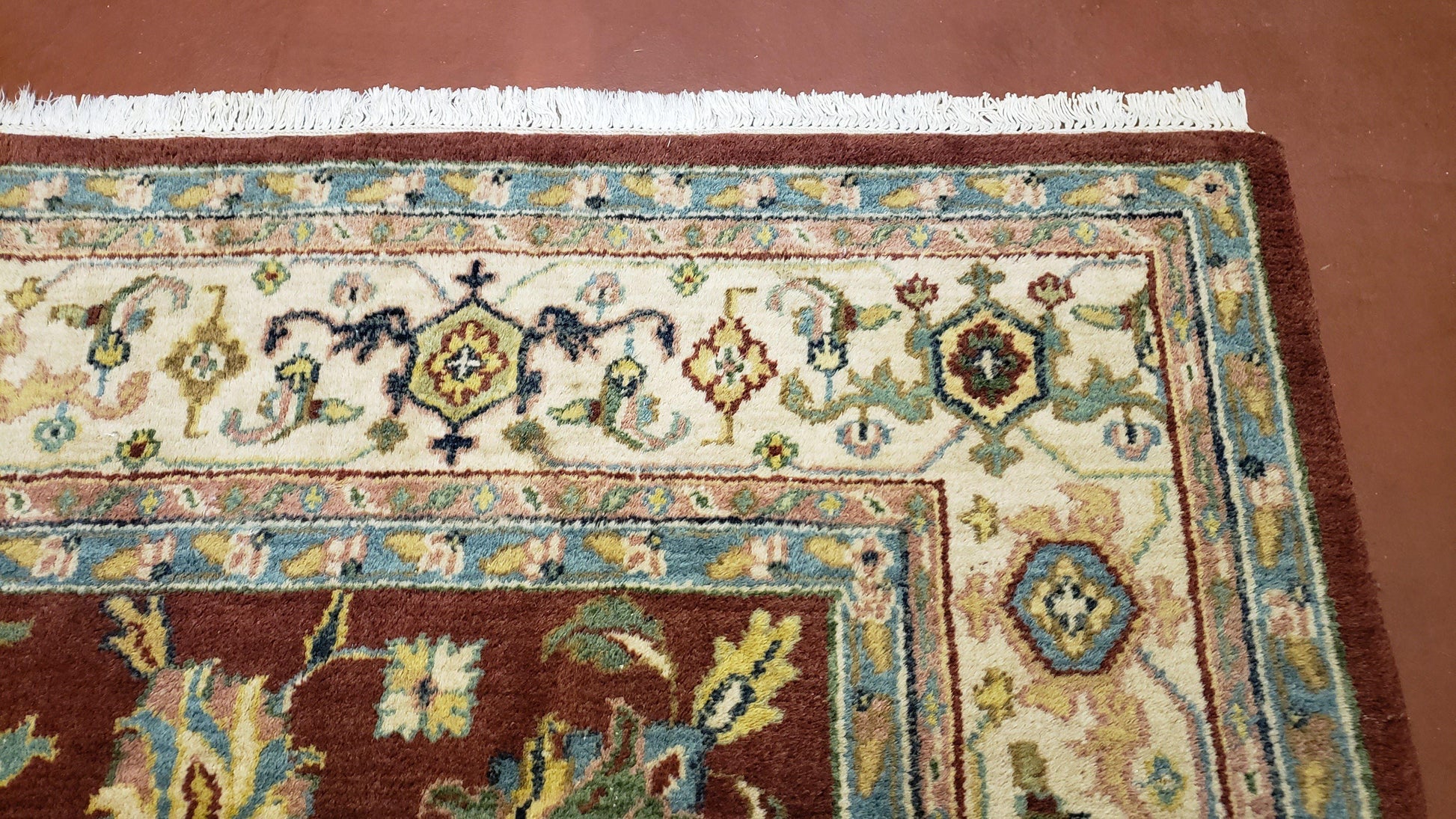 8x12 Indo-Mahal Rug, Floral Allover, Red & Beige, Wool Vintage Handmade Traditional Carpet - Nuvé
