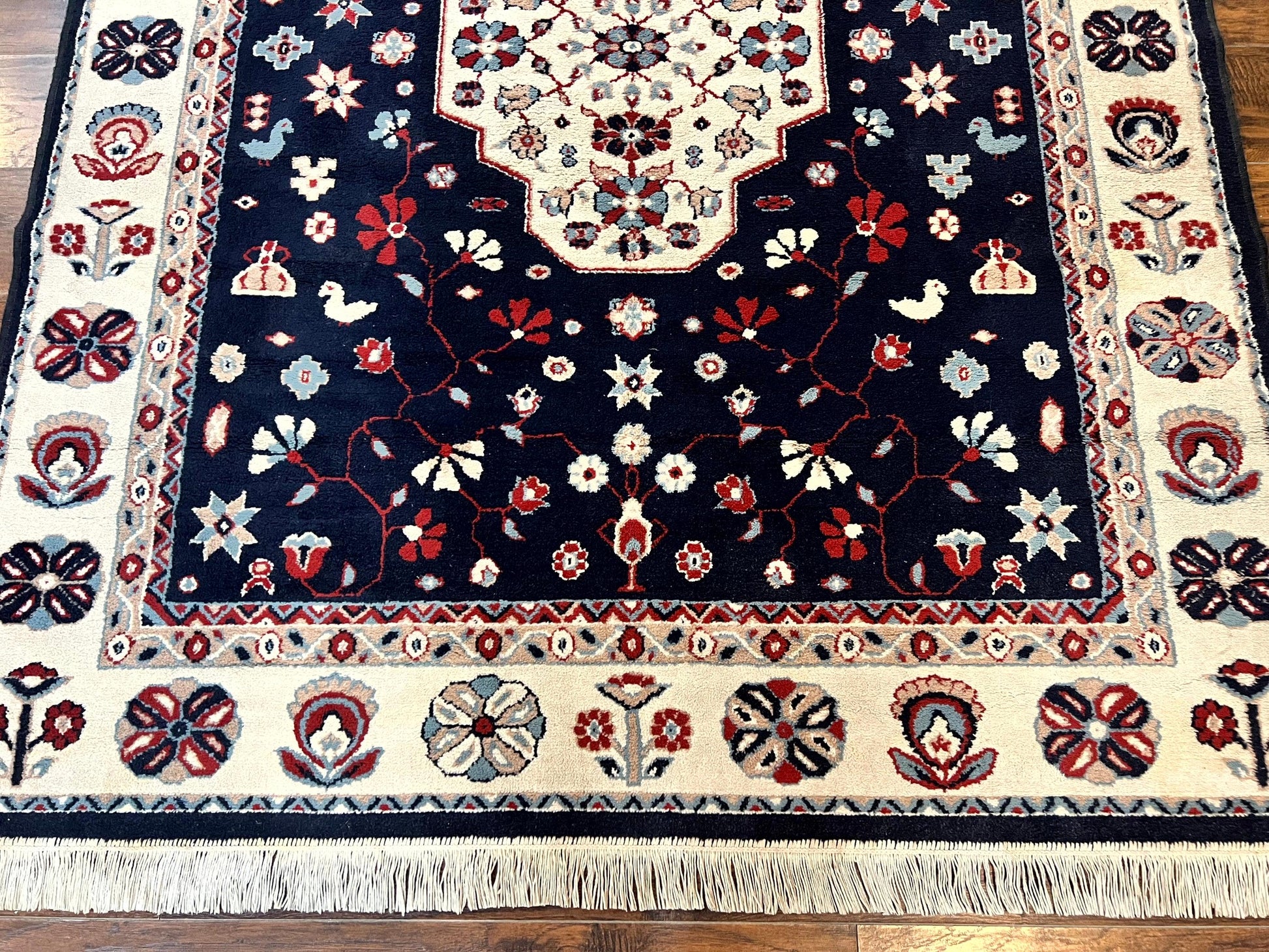 Belgium Power Loomed Rug 5.6 x 7, Navy Blue and Ivory, Heriz Pattern, Vintage Oriental Carpet - Nuvé