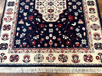 Belgium Power Loomed Rug 5.6 x 7, Navy Blue and Ivory, Heriz Pattern, Vintage Oriental Carpet - Nuvé