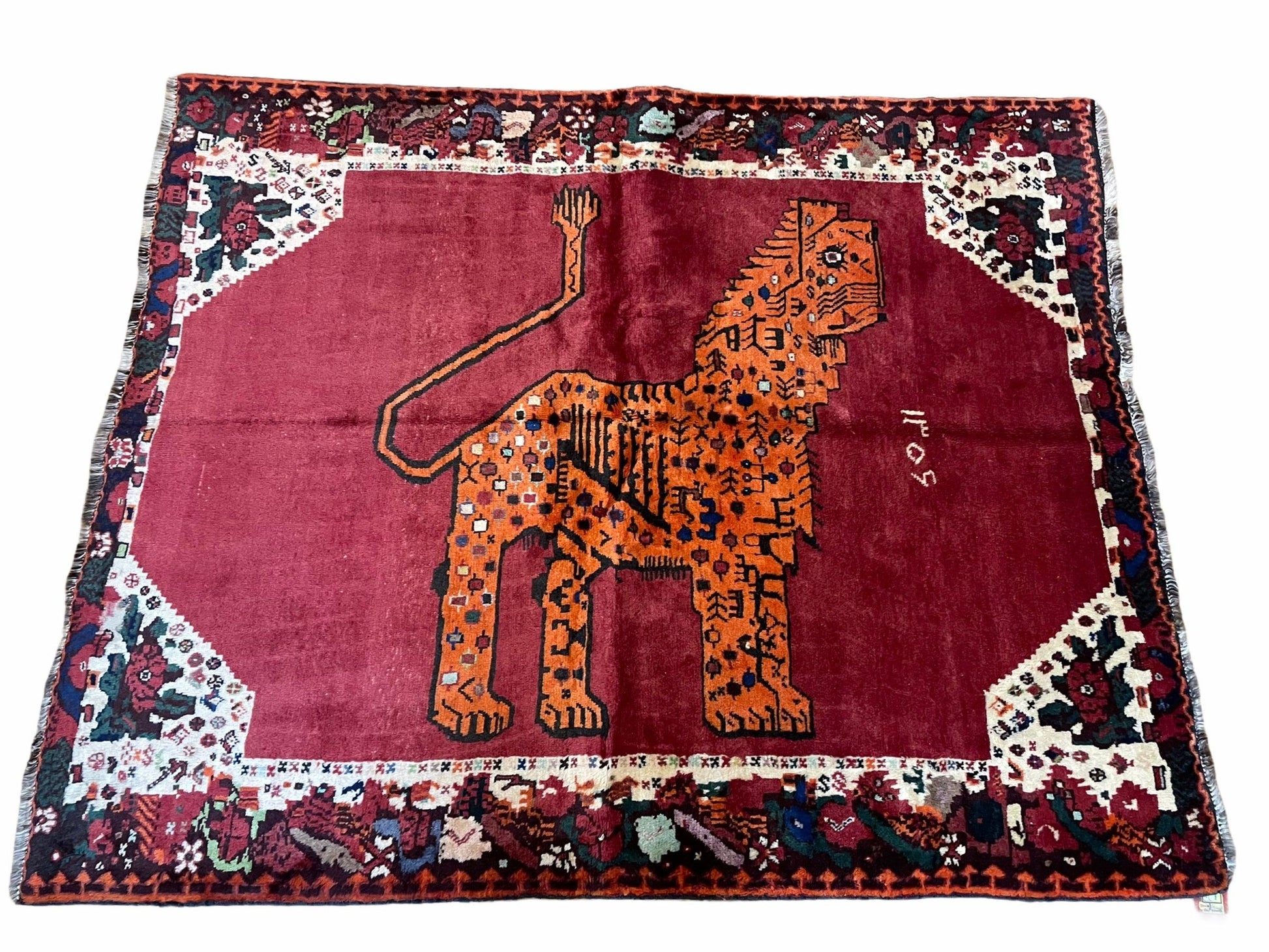 5 X 6 Handmade Rug Zagros Quality Wool Rug Lion Organic Dyes Red Leopard Tribal - Nuvé