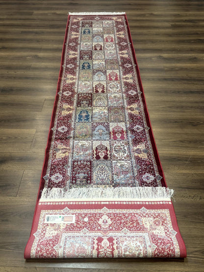Turkish Silk Runner Rug 2.6 x 11.6, Panel Design, Dark Red Ivory, Bamboo Silk, New