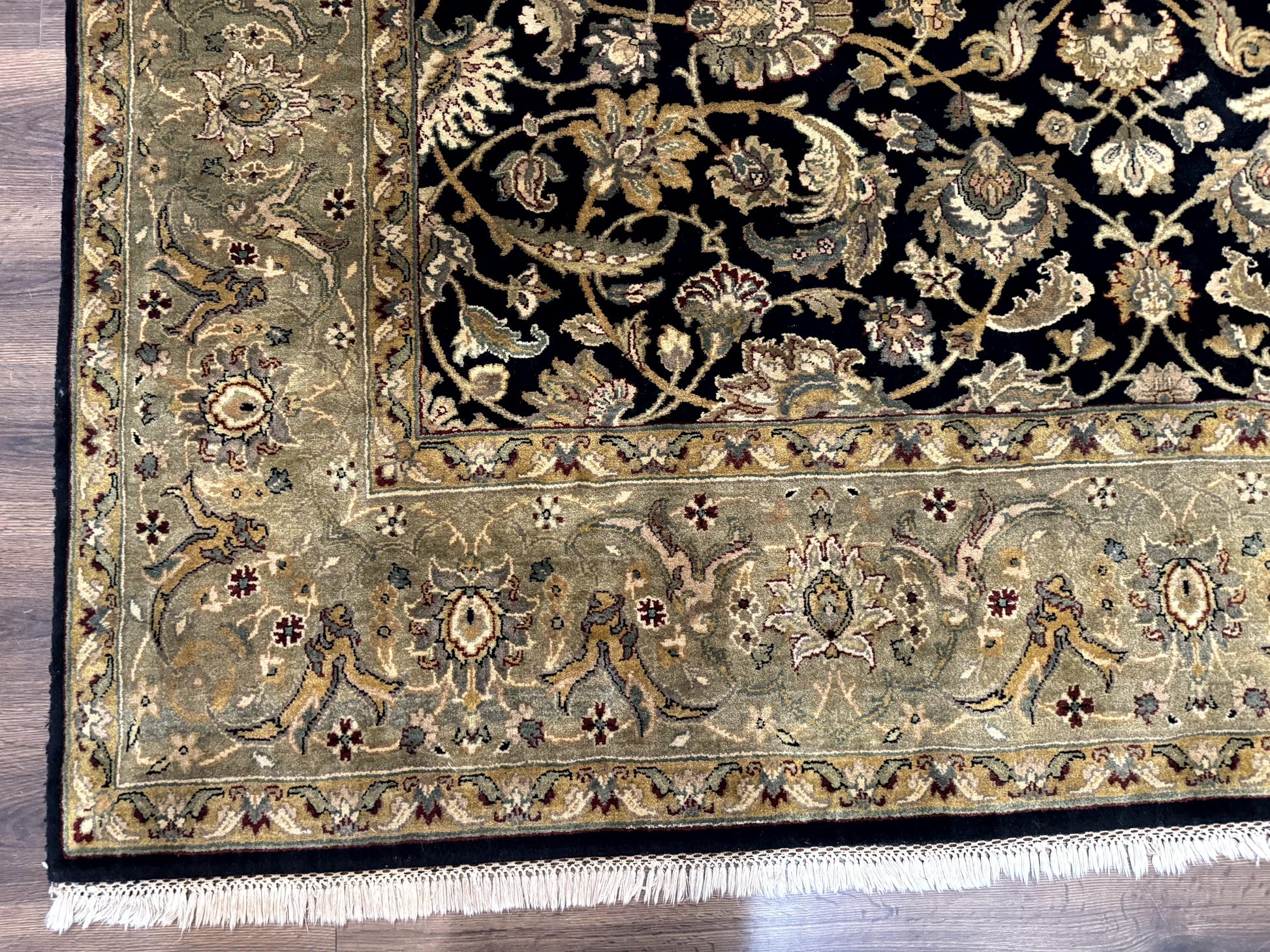 Indo Persian Rug 8x10, Black and Green, Wool, Handmade, Traditional, Floral Allover, Vintage - Nuvé