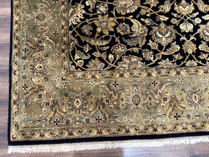 Indo Persian Rug 8x10, Black and Green, Wool, Handmade, Traditional, Floral Allover, Vintage - Nuvé