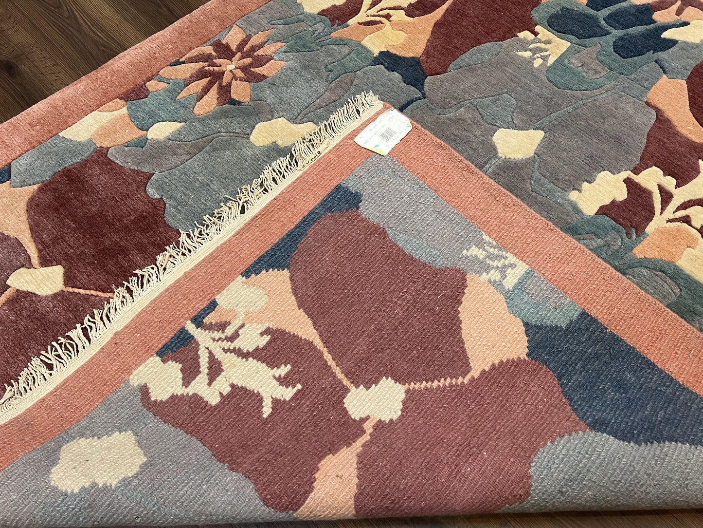 Modern Tibetan Rug 5.7 x 7.9, Abstract Multicolor Flower Pattern, Navy Blue Maroon Salmon, Soft Wool, Hand Knotted Contemporary Carpet 6x8 - Nuvé