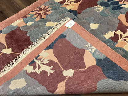 Modern Tibetan Rug 5.7 x 7.9, Abstract Multicolor Flower Pattern, Navy Blue Maroon Salmon, Soft Wool, Hand Knotted Contemporary Carpet 6x8 - Nuvé