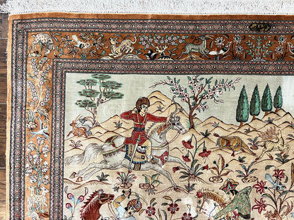 Silk Persian Qum Rug 3x5, Hunting Pattern, Handmade Vintage Carpet, Signed by Master Weaver, Horsemen Pictorials, Super Fine 650 KPSI - Nuvé