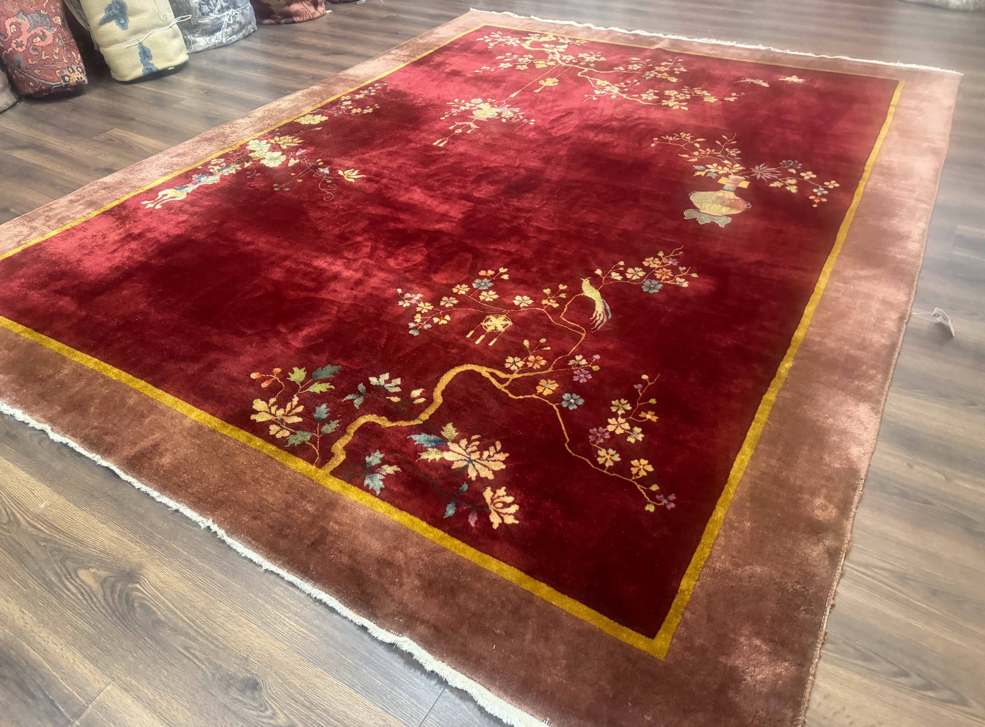 Red Chinese Art Deco Rug 9x11, Simple Design, Wool Chinese Area Rug, Antique - Nuvé
