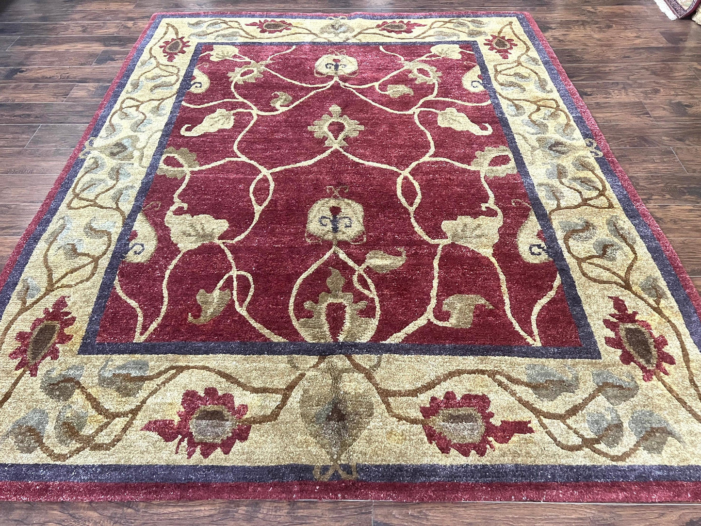 Tibetan Aubusson Rug 8x10, Maroon and Beige, Floral, Handmade, Wool, Vintage, Traditional Rug - Nuvé
