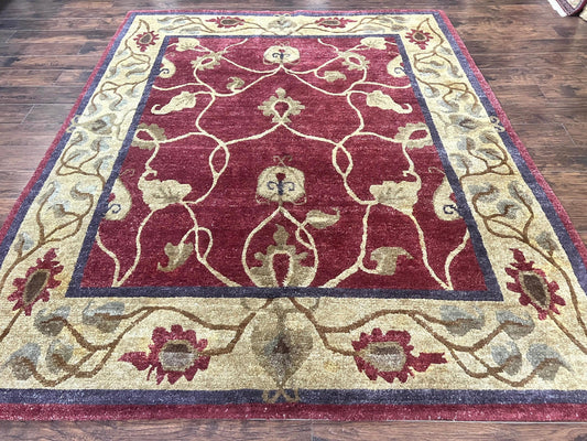 Tibetan Aubusson Rug 8x10, Maroon and Beige, Floral, Handmade, Wool, Vintage, Traditional Rug - Nuvé