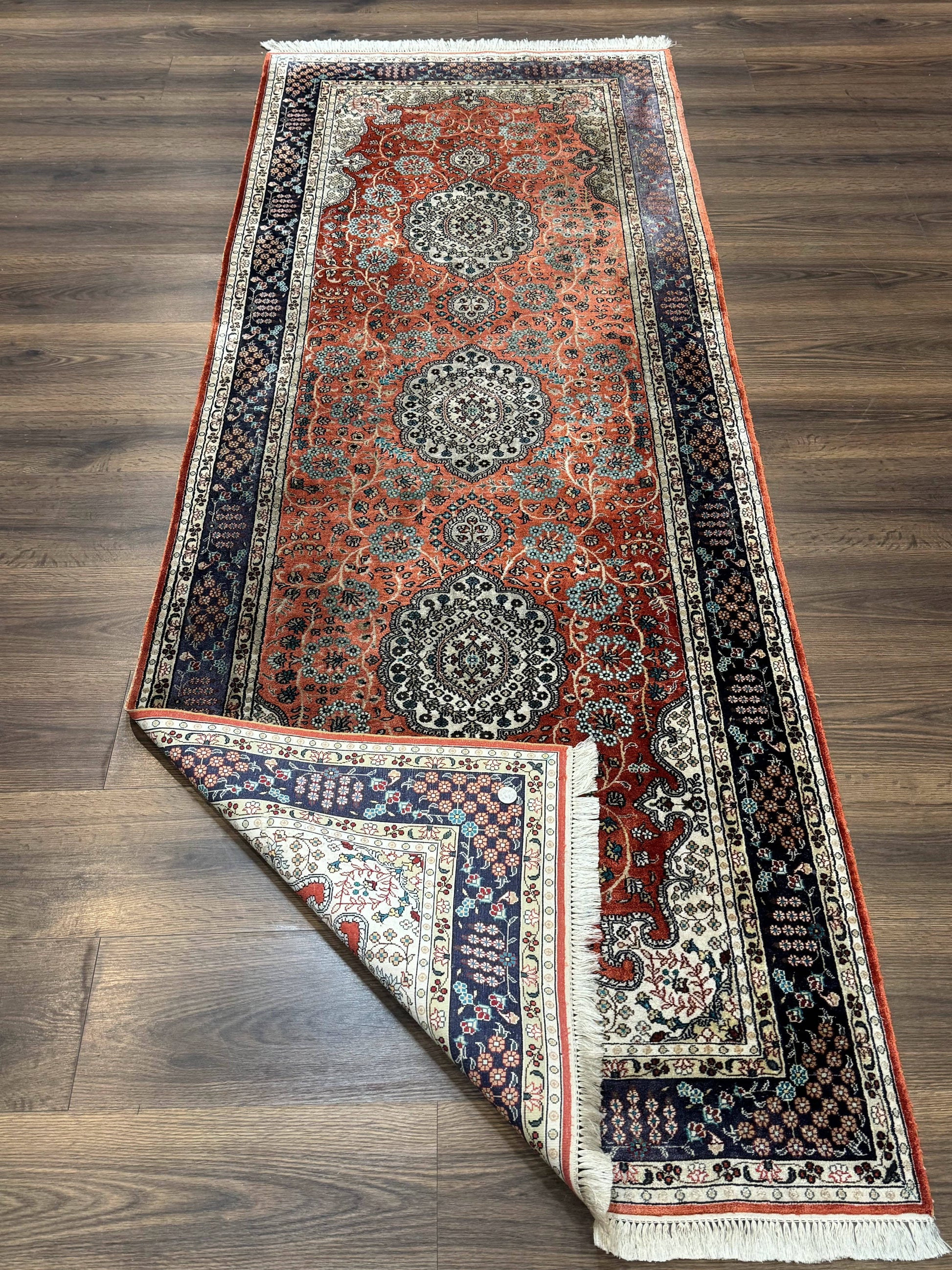 Turkish Silk Runner Rug 3x8, Short Runner Rug, Red, Floral Medallions, Very Fine 360 KPSI, 3 x 8 Runner - Nuvé