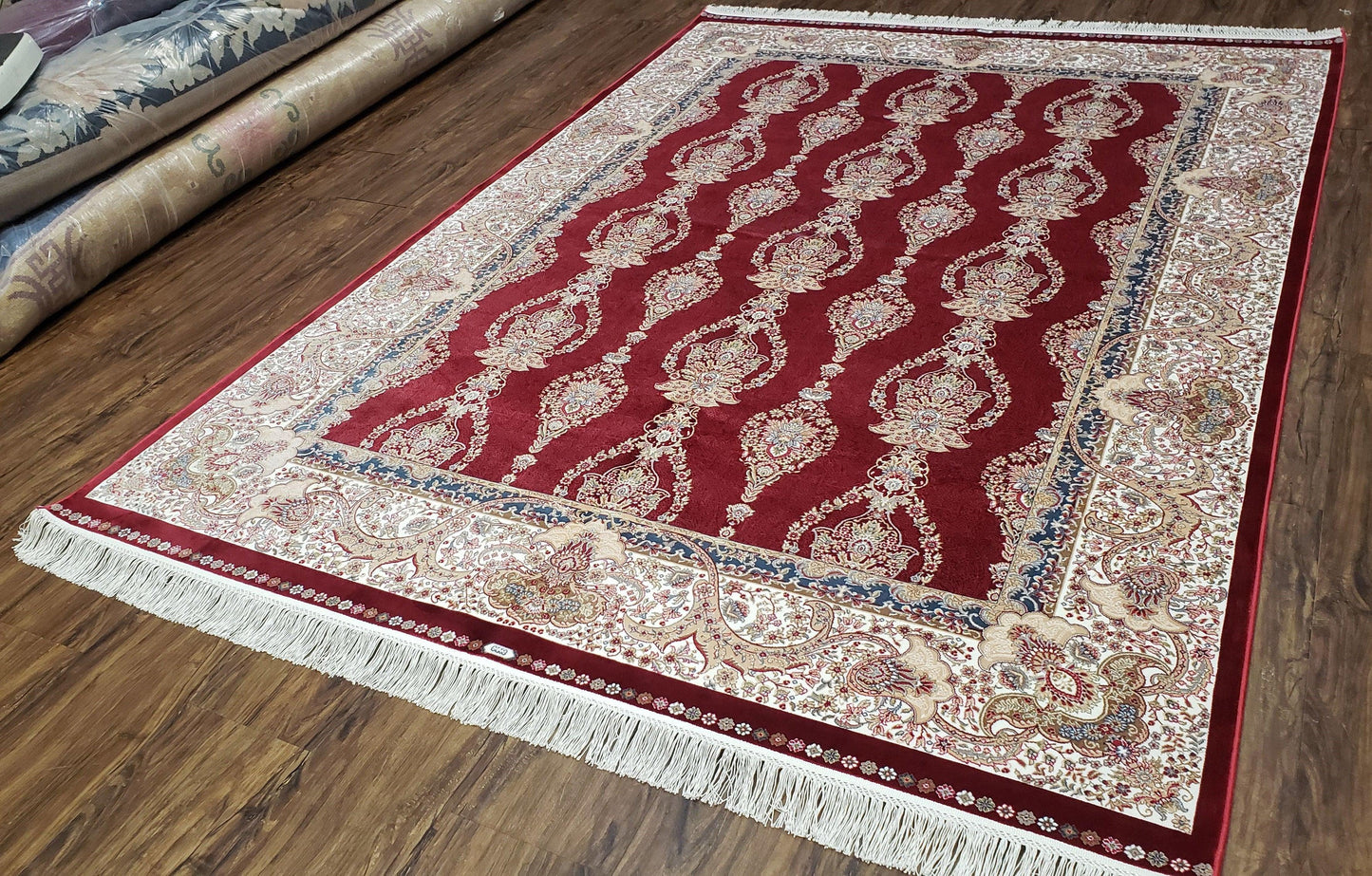 Dark Red Silk Carpet 5.3 x 7.6 ft, 5x8 Silk Rug, New Turkish Silk Carpet, Mint Condition, Beige & Red Area Rug, Bamboo Silk, High Quality - Nuvé