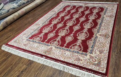 Dark Red Silk Carpet 5.3 x 7.6 ft, 5x8 Silk Rug, New Turkish Silk Carpet, Mint Condition, Beige & Red Area Rug, Bamboo Silk, High Quality - Nuvé