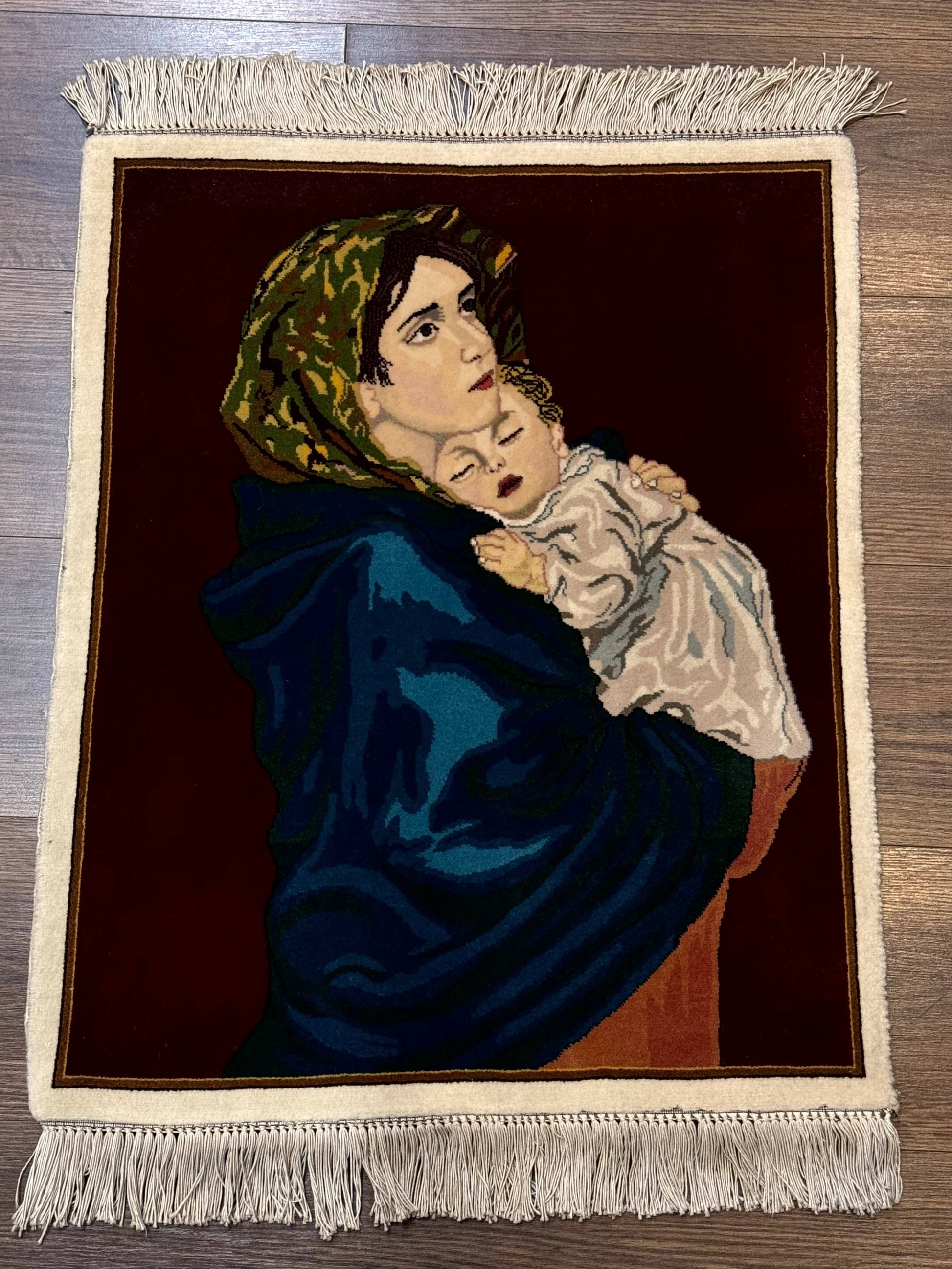 Small Persian Tabriz Pictorial Rug 2x2, Mother Holding Child, Very Fine 340 KPSI, Maroon - Nuvé
