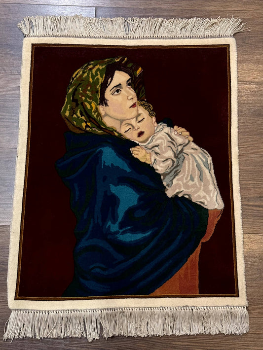 Small Persian Tabriz Pictorial Rug 2x2, Mother Holding Child, Very Fine 340 KPSI, Maroon - Nuvé