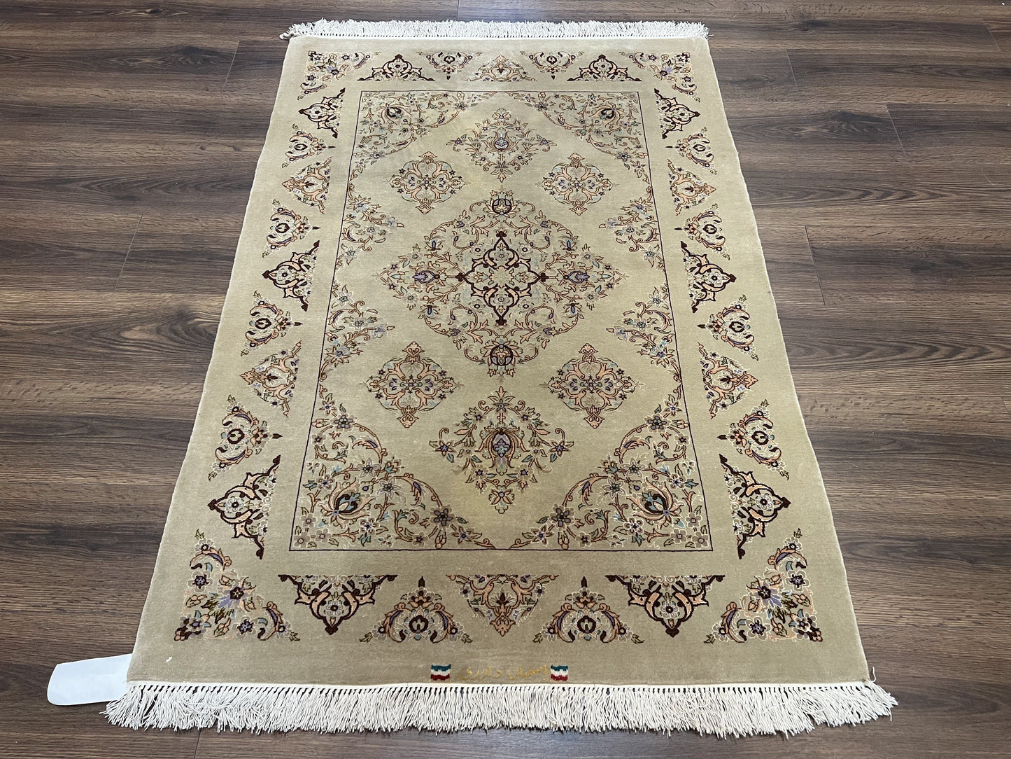 Very Fine Persian Isfahan Rug 3x5 ft with Signature, Kork Wool on Silk Foundation, Gray-Taupe Vintage Hand Knotted Oriental Carpet, 60 Raj 460 KPSI - Nuvé