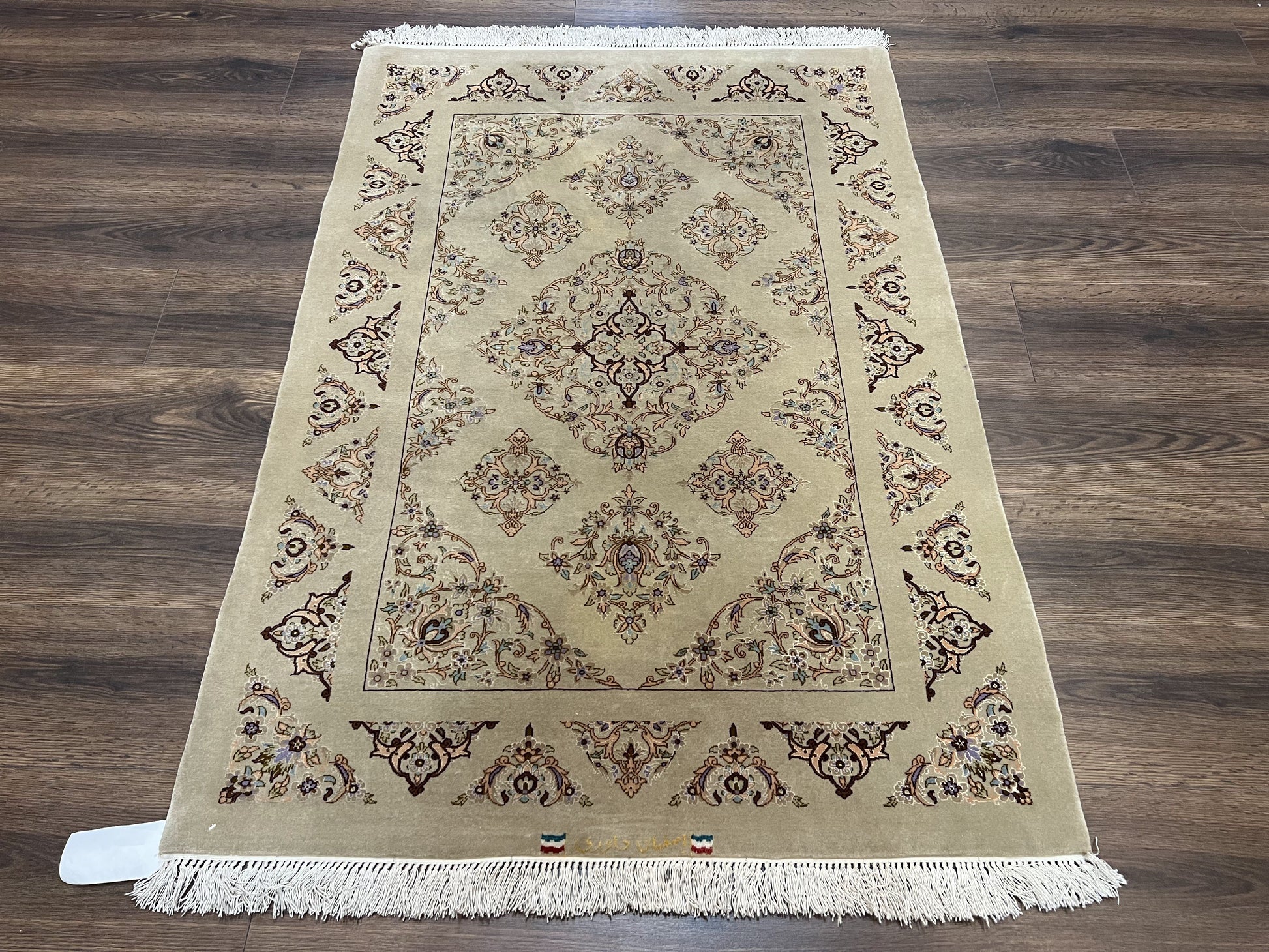 Very Fine Persian Isfahan Rug 3x5 ft with Signature, Kork Wool on Silk Foundation, Gray-Taupe Vintage Hand Knotted Oriental Carpet, 60 Raj 460 KPSI - Nuvé
