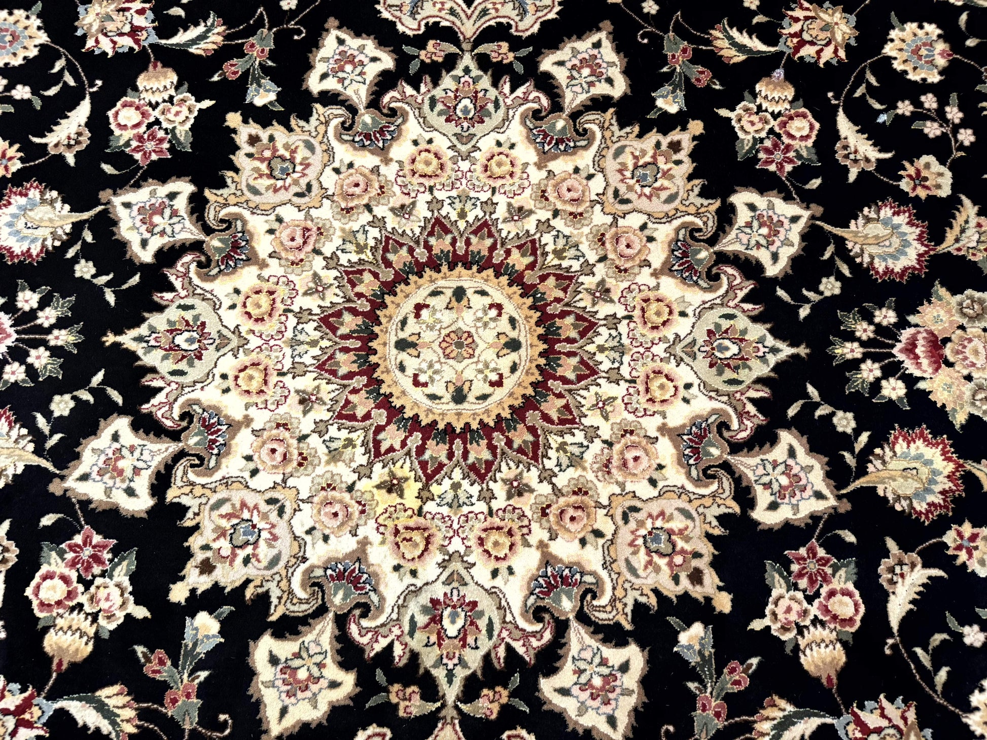Sino Persian Rug 9x12, Black and Beige, Floral Medallion, Wool & Silk, Handmade - Nuvé