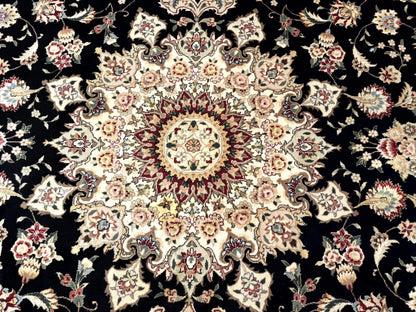 Sino Persian Rug 9x12, Black and Beige, Floral Medallion, Wool & Silk, Handmade - Nuvé