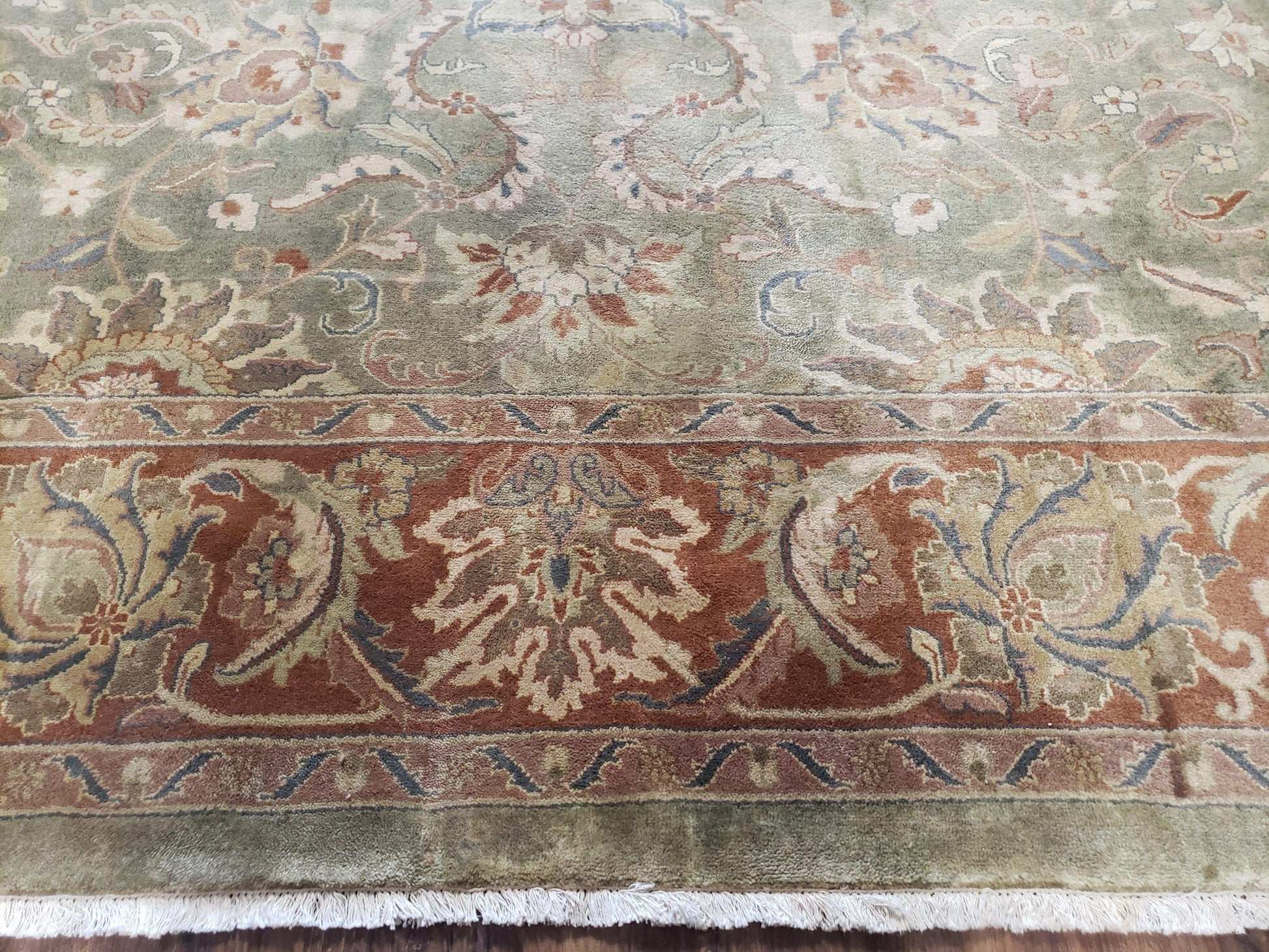 Vintage Indo Mahal Area Rug 9x12, Wool Hand-Knotted Laurel Green & Auburn Indian Carpet, 9 x 12 Floral Carpet, Living Room Rug - Nuvé