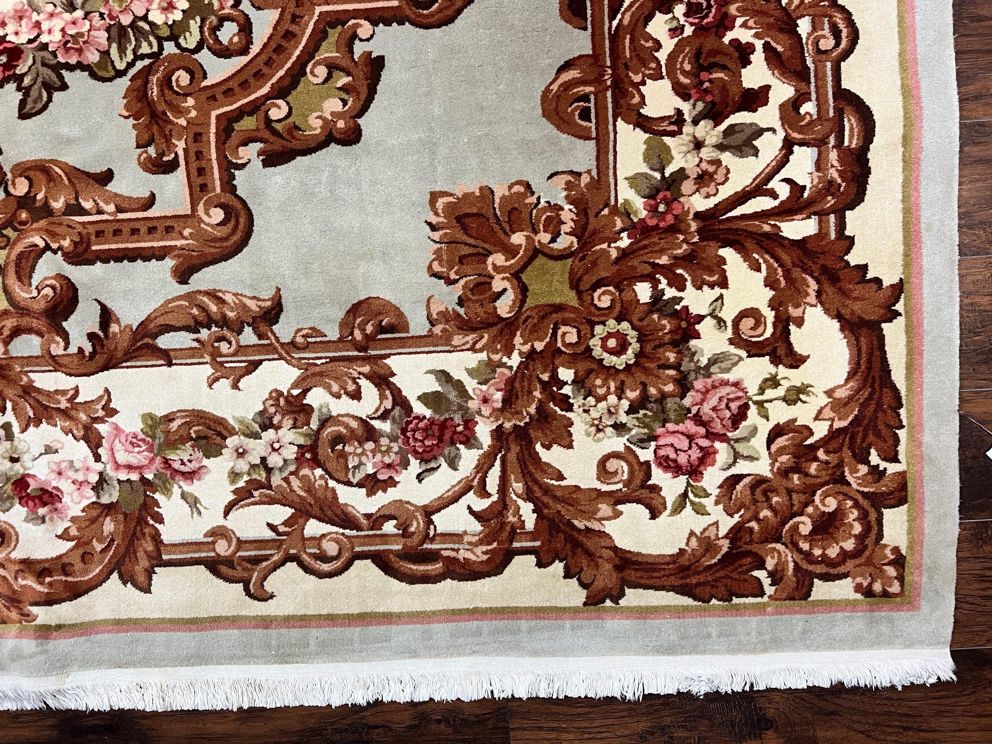 Aubusson Rug 10x13, Cream and Light Mint Green Hand Knotted Handmade French Savonnerie European Carpet, Wool Pile, Large Room Sized Vintage - Nuvé