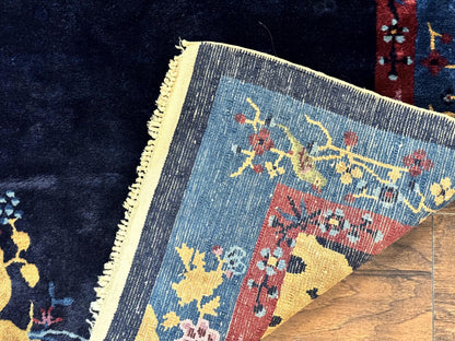 Antique Chinese Peking Rug 3x6, Dark Blue, Bird Motif, Handmade Wool Art Deco Asian Oriental Carpet, Pair B - Nuvé