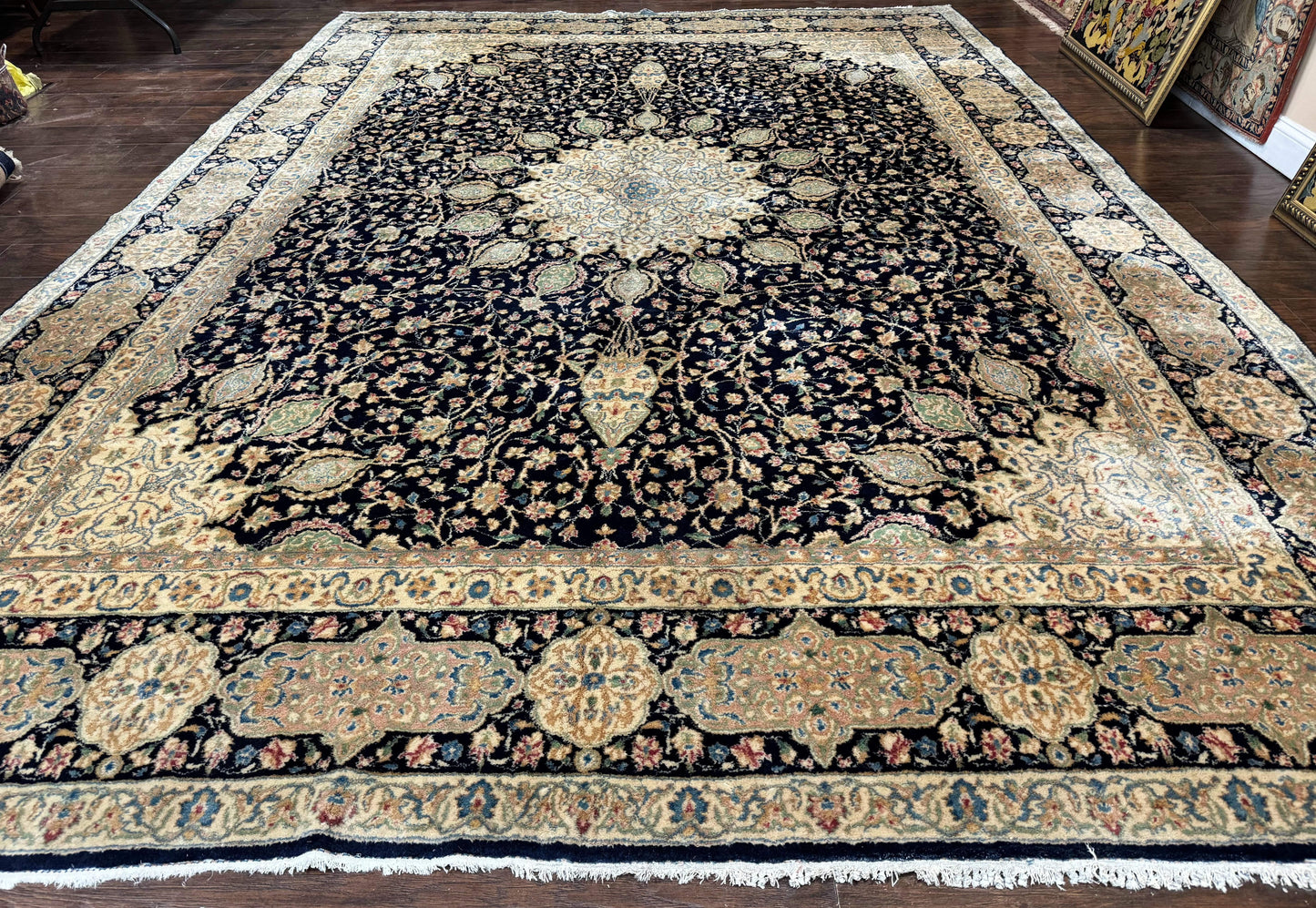 Large Persian Kerman Rug 10x14, Navy Blue and Beige, Floral Medallion, Traditional Elegant Persian Carpet, Signed by Masterweaver - Nuvé