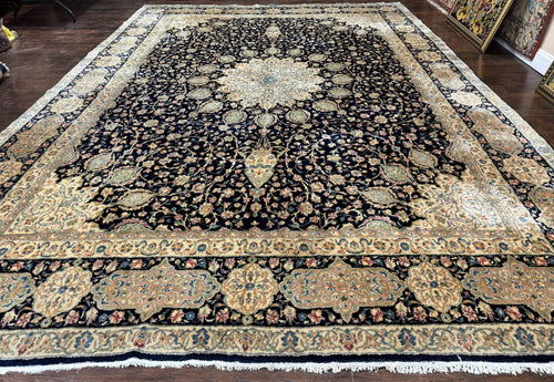Large Persian Kerman Rug 10x14, Navy Blue and Beige, Floral Medallion, Traditional Elegant Persian Carpet, Signed by Masterweaver - Nuvé