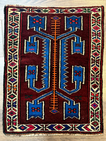 Persian Tribal Rug 1.8 x 2, Small Balouchi Rug, Unique Design, Burgundy and Blue - Nuvé