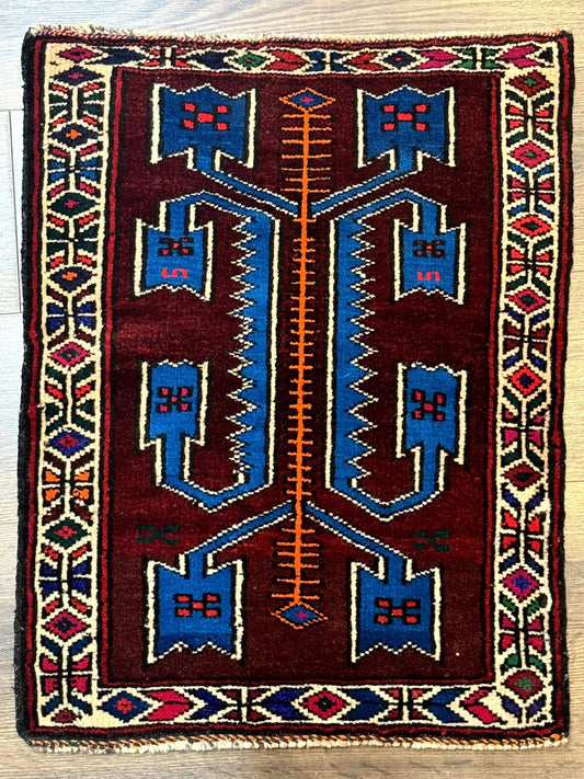 Persian Tribal Rug 1.8 x 2, Small Balouchi Rug, Unique Design, Burgundy and Blue - Nuvé