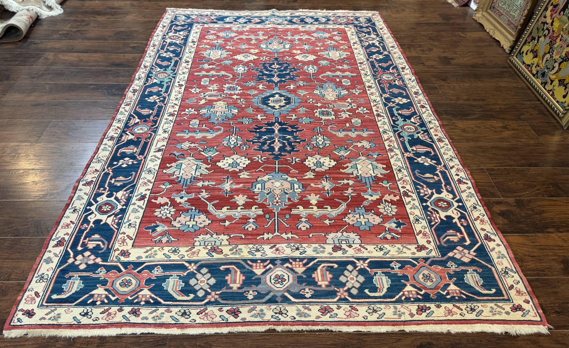 Turkish Flatweave Rug 6x9, Heriz Design, Red and Blue - Nuvé